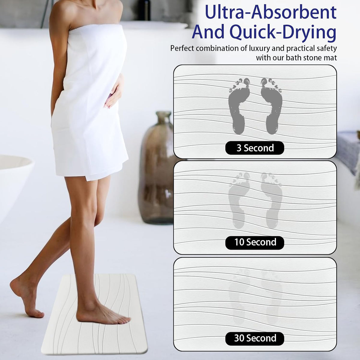 Fast Drying Stone Bath Mats for Bathroom, Non-Slip Diatomaceous Earth Bath Mat, Super Absorbent Bath Mat Stone (23.6''×15.4" White Flow)