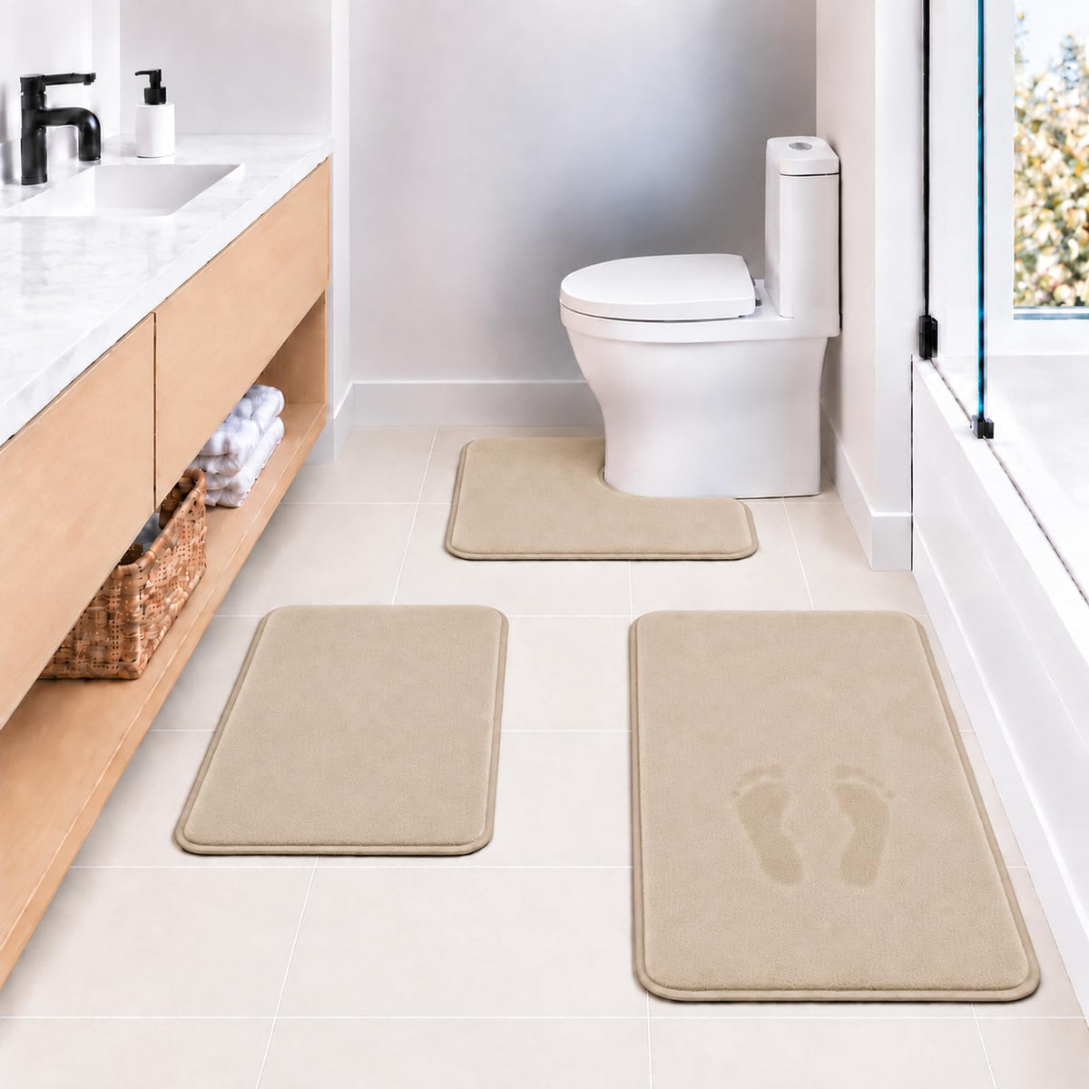 Black Bathroom Rug Set Memory Foam Bath Mats 3 Piece with Toilet Mats, Soft & Supportive, Shock Absorbing, Water Absorbent, Non-Slip Bath Rugs, Machine Washable, Area Rug, Home Decor Accessories