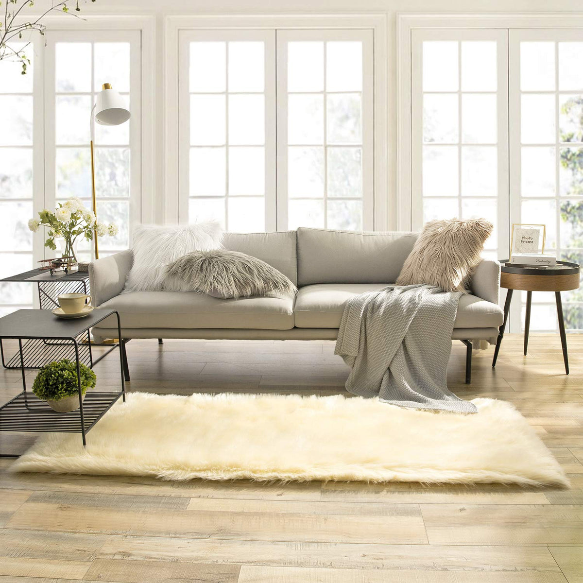 Ashler Faux Fur Rug, White, 2x3 Ft, Machine Washable