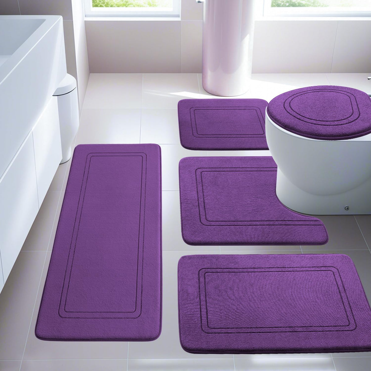 YIHOUSE Memory Foam Bath Mat Set, Non Slip Bath Mats, Super Soft and Water Absorbent, Machine Washable U Shape Toilet Mats, Dark Blue