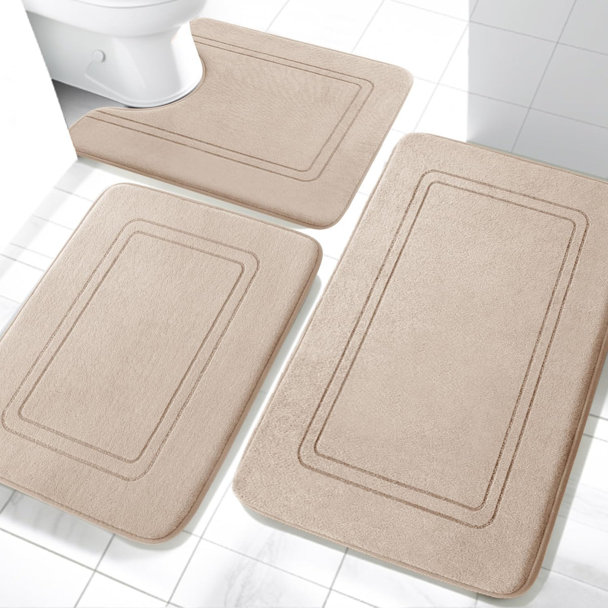 YIHOUSE Memory Foam Bath Mat Set, Non Slip Bath Mats, Super Soft and Water Absorbent, Machine Washable U Shape Toilet Mats, Dark Blue