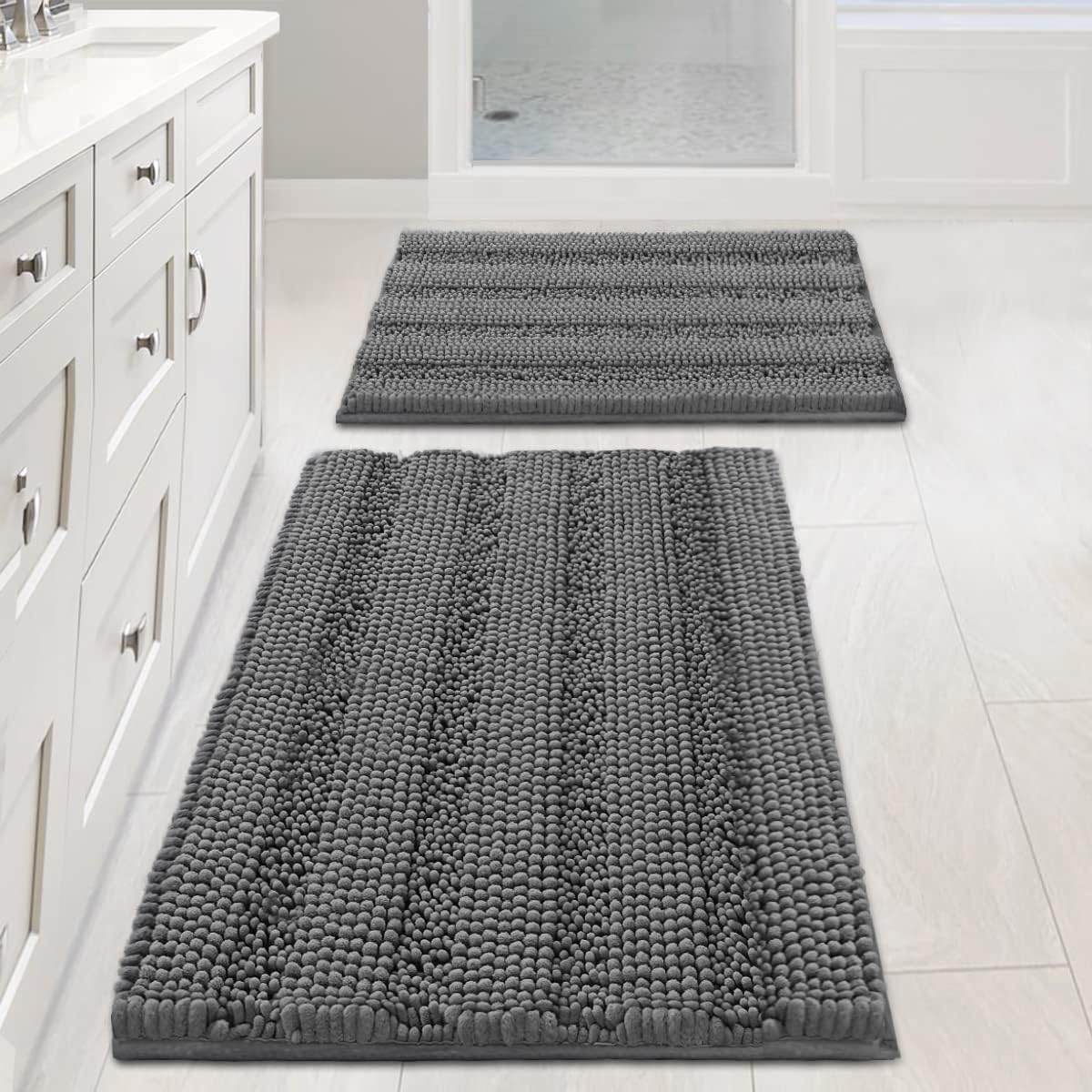 H.VERSAILTEX Bathroom Rugs Bath Rug Set 2 Piece Bathroom Contour Rug Toilet Mat Sets Non Slip Contour Bath Rug Ultra Thick Water Absorbent Striped Bath Mats Washable(47" x 17" Plus 20" x 20" U, Cream)