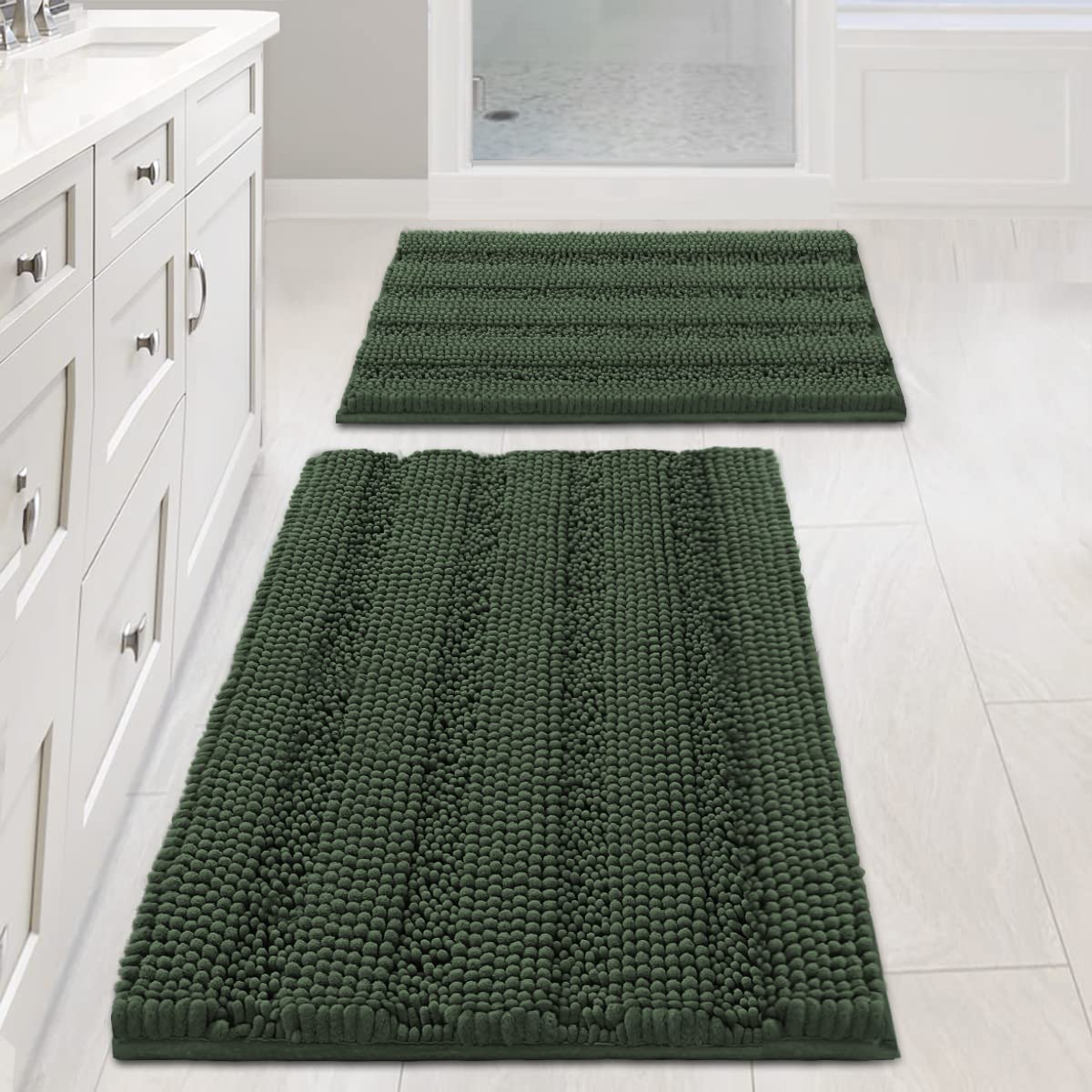 H.VERSAILTEX Bathroom Rugs Bath Rug Set 2 Piece Bathroom Contour Rug Toilet Mat Sets Non Slip Contour Bath Rug Ultra Thick Water Absorbent Striped Bath Mats Washable(47" x 17" Plus 20" x 20" U, Cream)