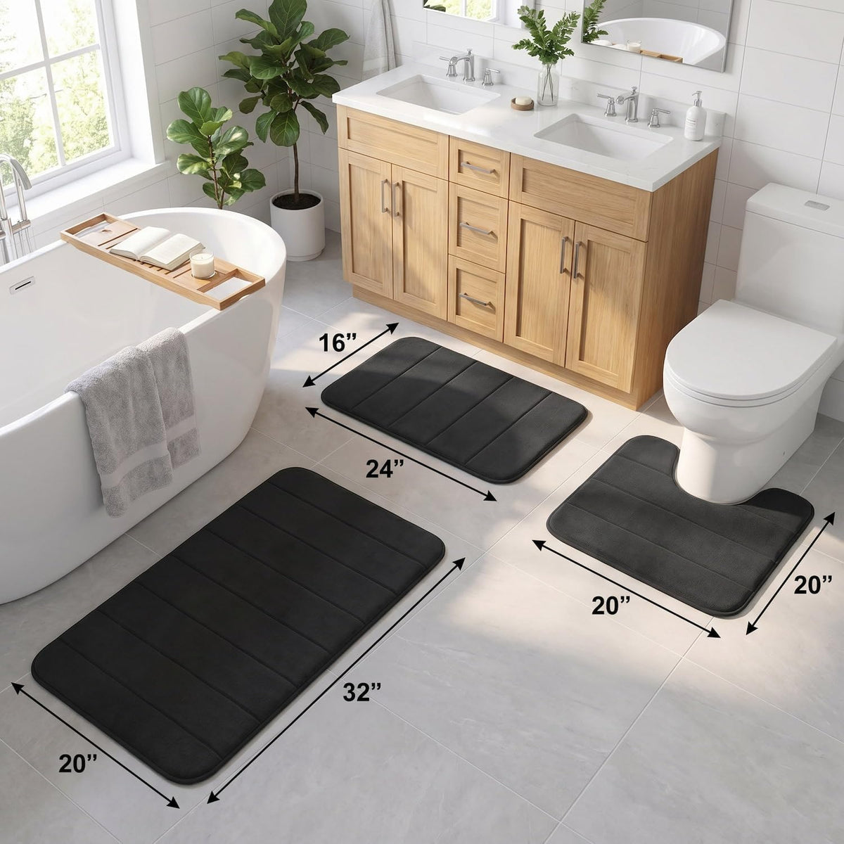 Bathroom Rugs Set 3 Piece, Memory Foam Bath Rugs, Non Slip Washable Bathroom Rug Set, Extra Soft Absorbent Bath Mats with U-Shaped Toilet Rug, Black