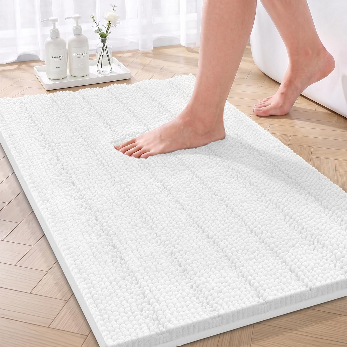 Bcoimo Small Bath Rug Mat,24x17 Chenille Non Slip Gray Bathroom Shower Mat