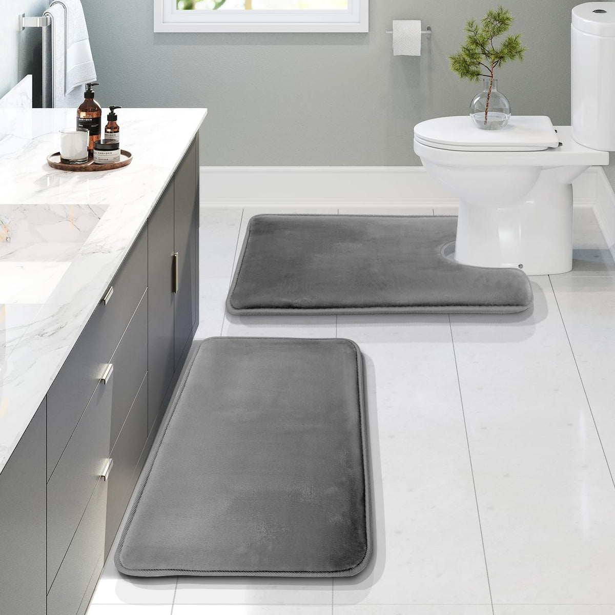 Clara Clark 3 Piece Bathroom Rugs Bath Mat Set, Velvet Memory Foam Bath Mats for Bathroom - Non-Slip, PVC Backing Bath Rugs, Washable - Dries Quickly, Grey