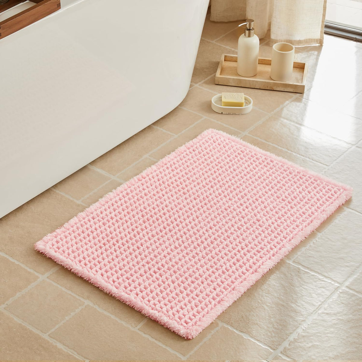 Triohero Waffle Bath Mat, Small Boho Bathroom Rugs Non Slip, 16x24 Khaki