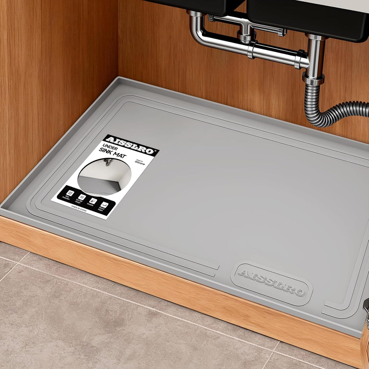 Under Sink Mat 22" X 19", Waterproof Silicone Cabinet Kitchen Liner, Gray