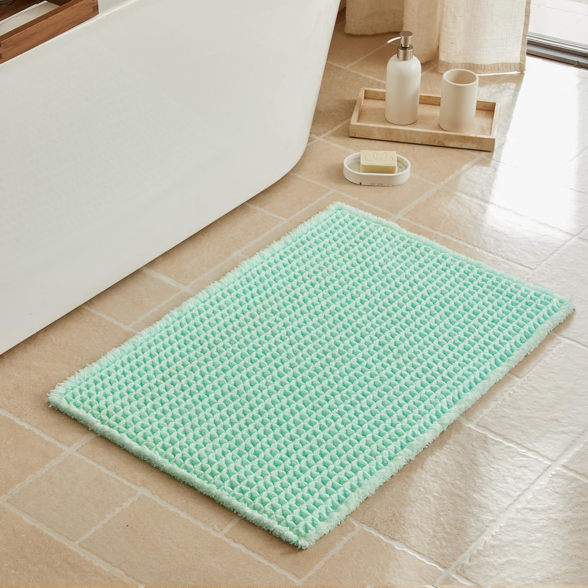 Triohero Waffle Bath Mat, Small Boho Bathroom Rugs Non Slip, 16x24 Khaki