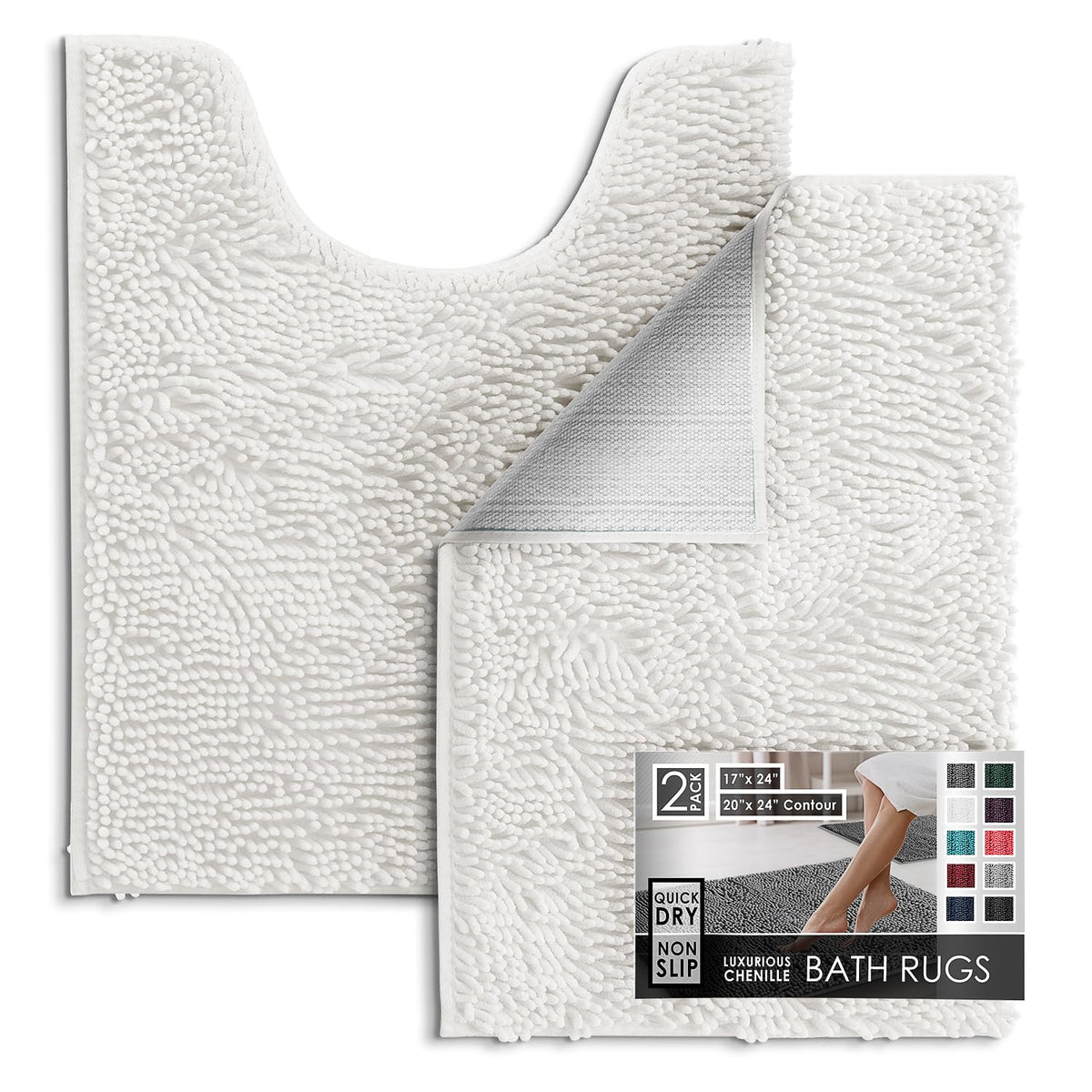 Hearth & Harbor Bathroom Rugs, Chenille Bath Mat - Machine Washable Bath Mats for Bathroom Non-Slip Backing Rubber, Quick Dry Bathroom Mat, 17 x 24 + 20 x 32 - Hunter Green