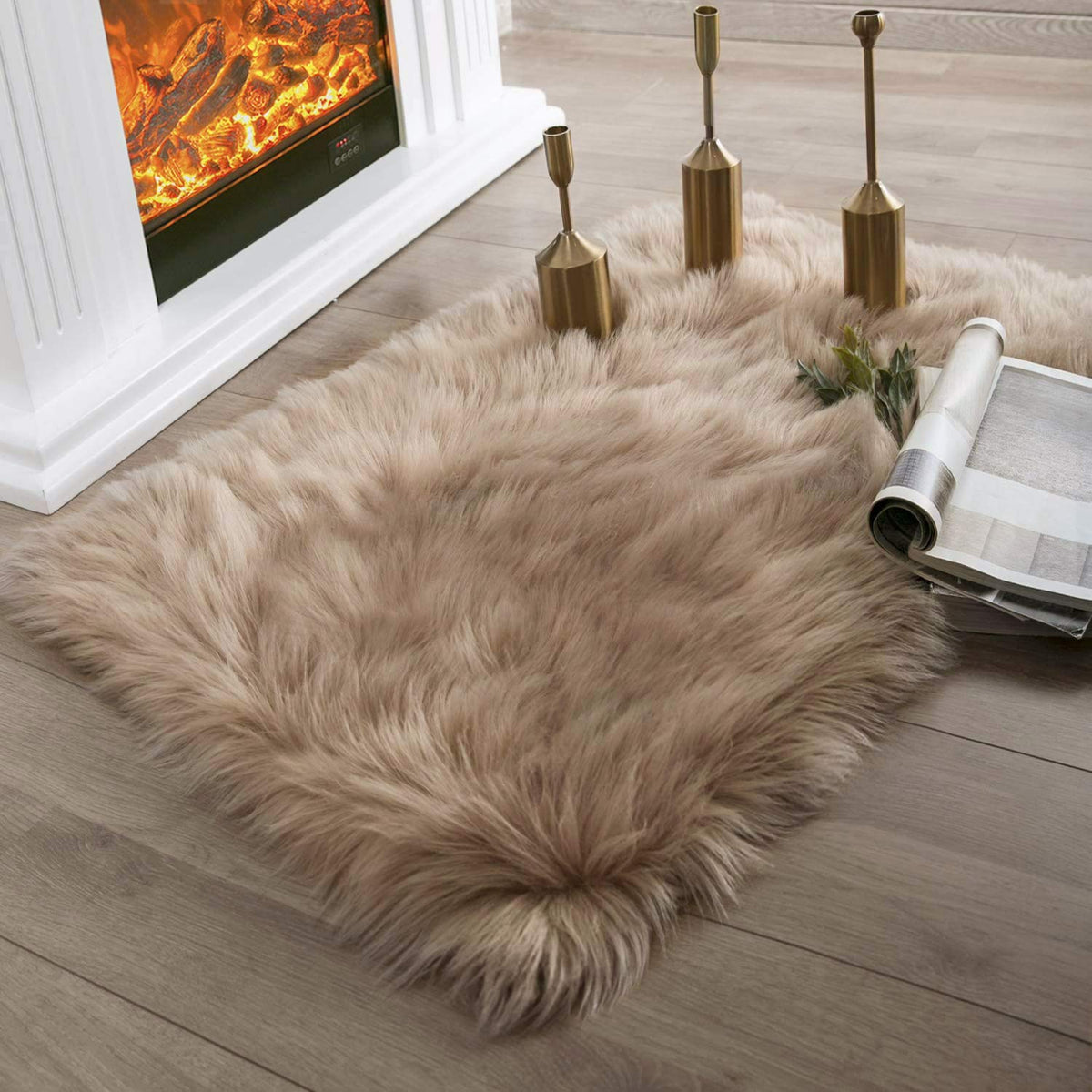 Ashler Faux Fur Rug, White, 2x3 Ft, Machine Washable