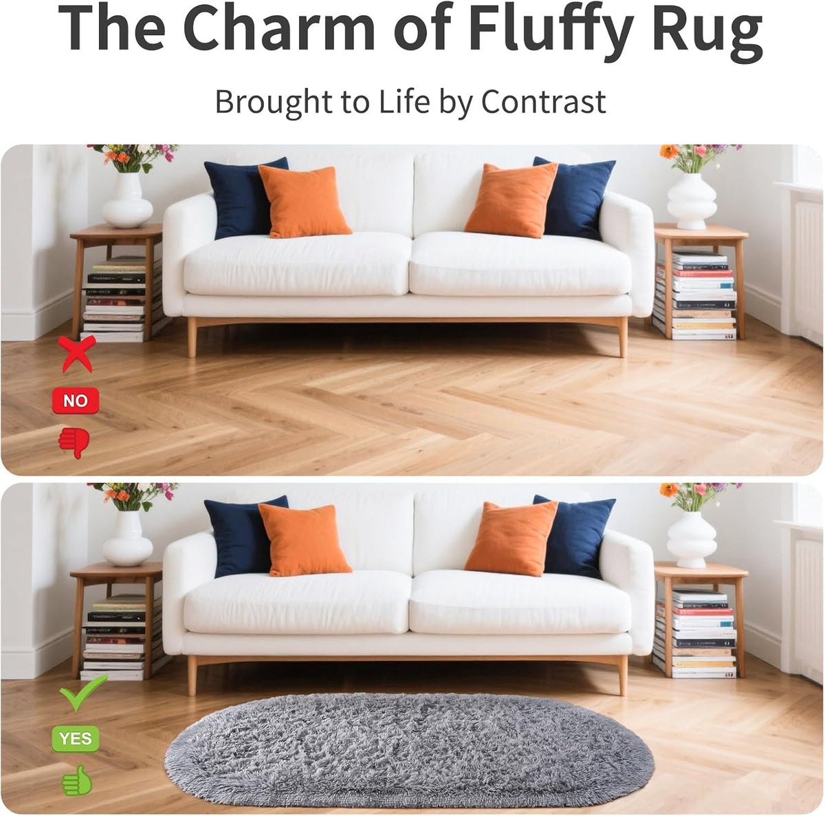 Noahas 2.6x5.3 Grey Fluffy Soft Oval Rug Non-Slip for Bedroom Dorm Hallway