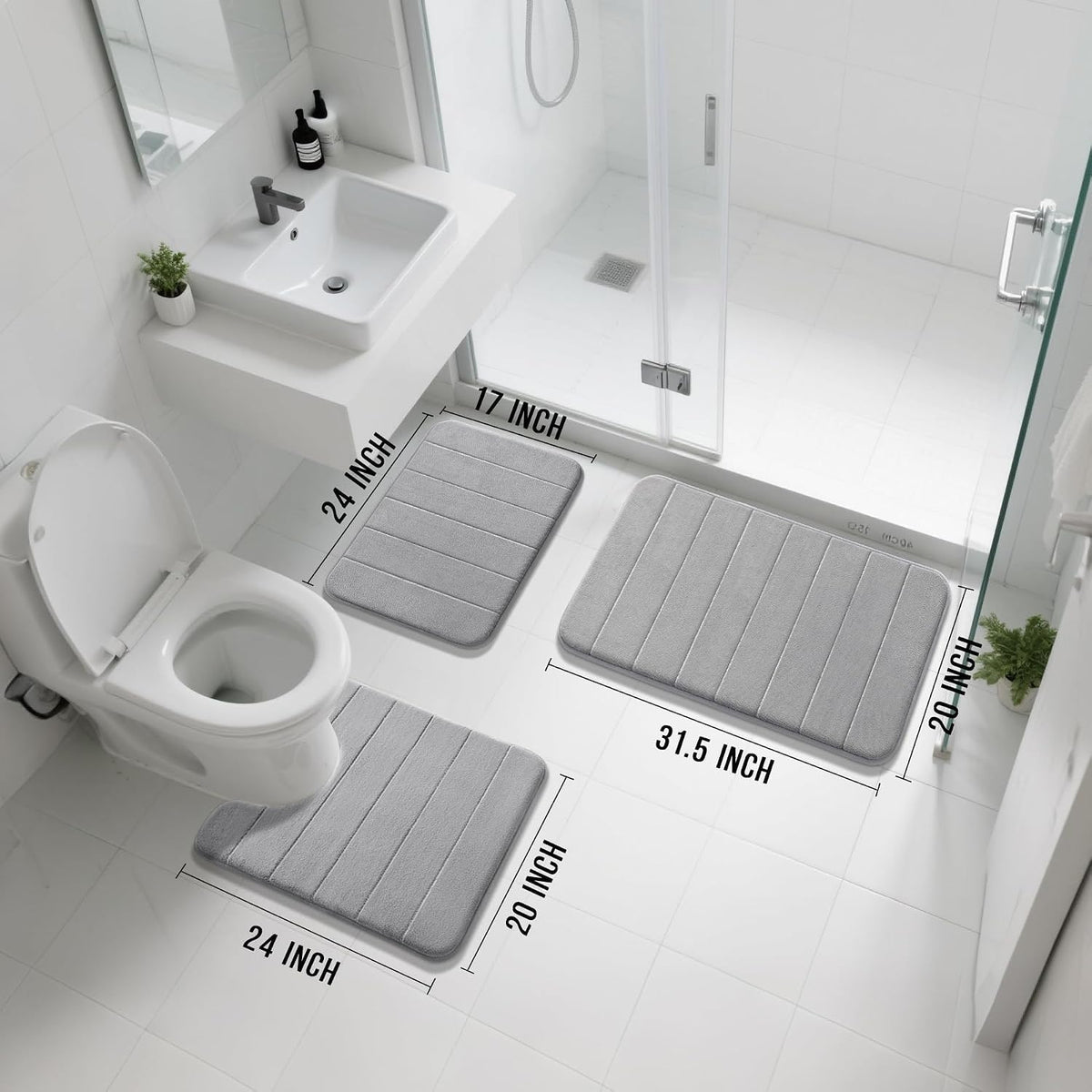 Yimobra Memory Foam Bath Mat Set 3 Pieces- Super Soft Absorbent Quick Dry Bathroom Rug Sets, Machine Washable Non Slip Floor Carpet for Tub Shower, Vanity & Toilet Base, Gray