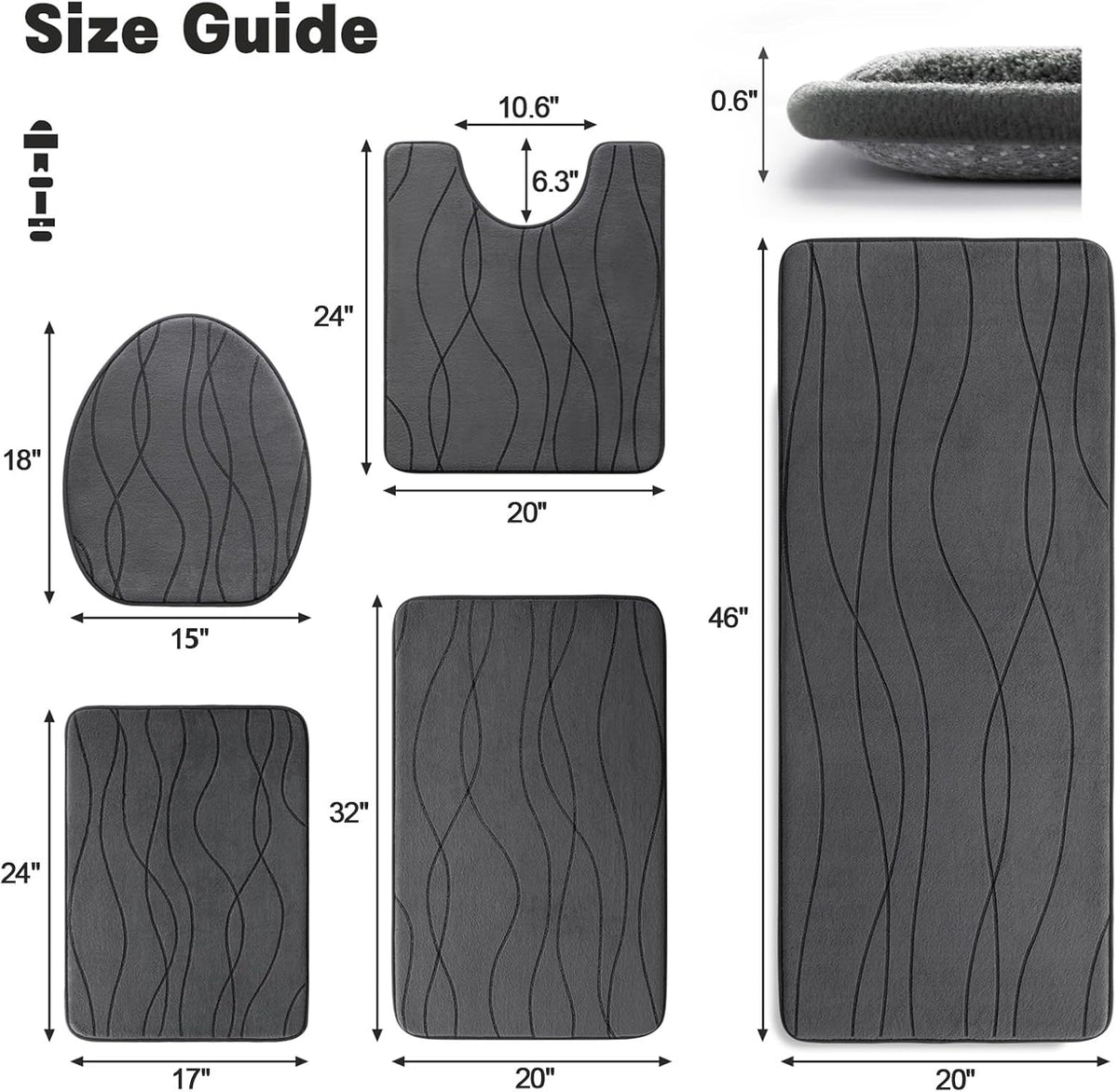 YIHOUSE Bathroom Rugs Set 5 Piece, Memory Foam Bath Mat Dark Grey