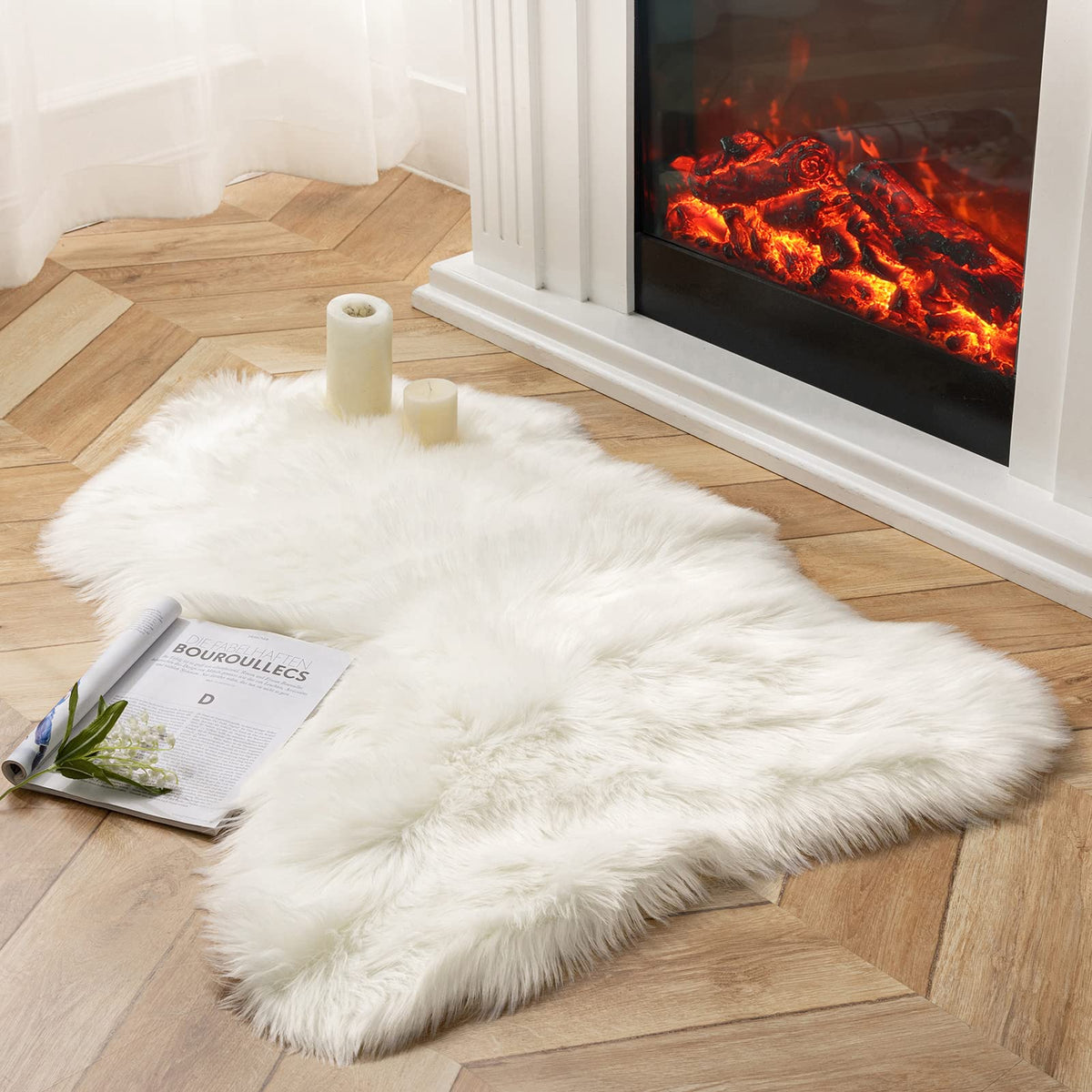 Ashler Faux Fur Rug, White, 2x3 Ft, Machine Washable