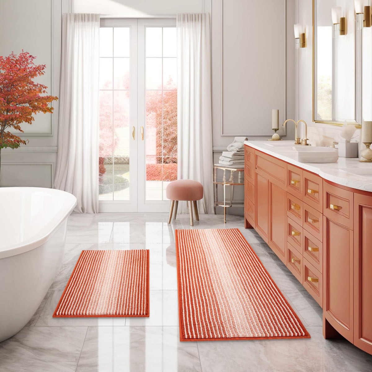BSICPRO Bathroom Rugs Sets 2 Piece, Non Slip Boho Bath Mats, Beige