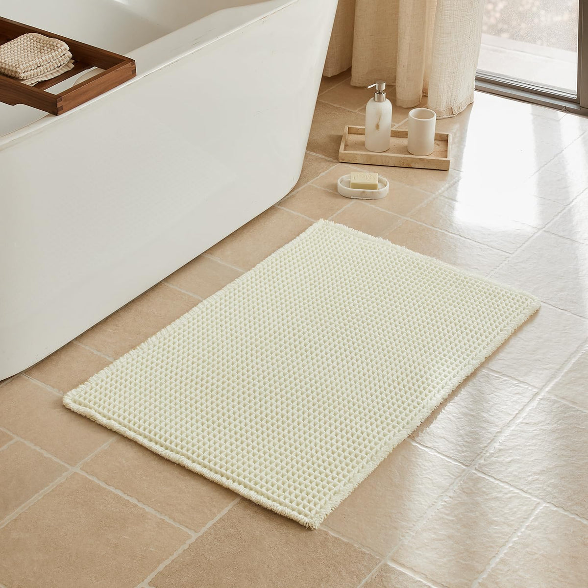 Triohero Waffle Bath Mat, Small Boho Bathroom Rugs Non Slip, 16x24 Khaki