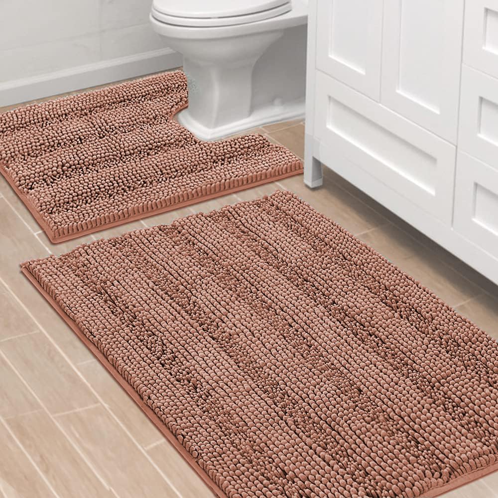 H.VERSAILTEX Bathroom Rugs Bath Rug Set 2 Piece Bathroom Contour Rug Toilet Mat Sets Non Slip Contour Bath Rug Ultra Thick Water Absorbent Striped Bath Mats Washable(47" x 17" Plus 20" x 20" U, Cream)
