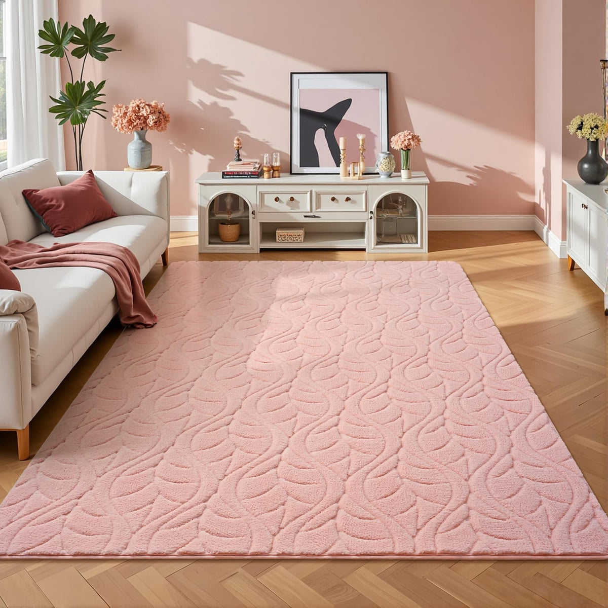 Grey Fluffy Area Rug for Bedroom, 3x5 Geometric Shag Rugs