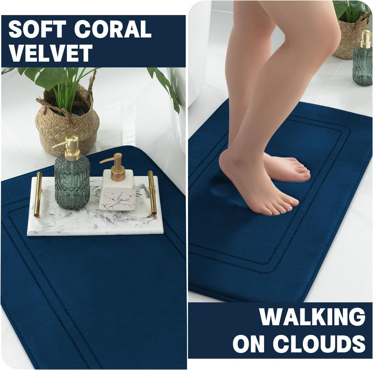 YIHOUSE Memory Foam Bath Mat Set, Non Slip Bath Mats, Super Soft and Water Absorbent, Machine Washable U Shape Toilet Mats, Dark Blue