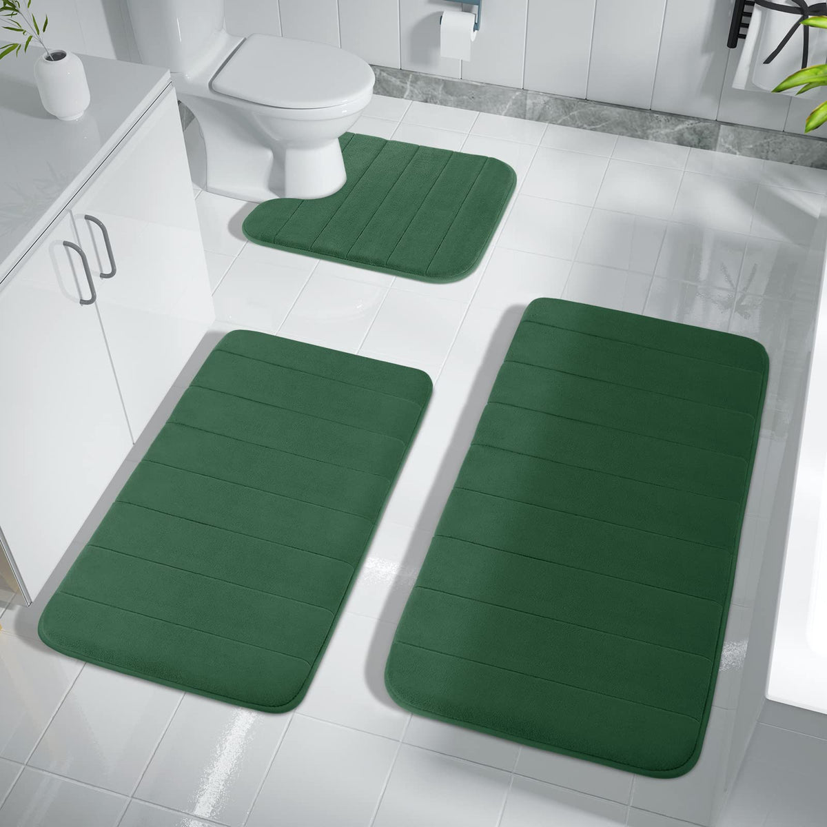 Yimobra Memory Foam Bath Mat Set 3 Pieces- Super Soft Absorbent Quick Dry Bathroom Rug Sets, Machine Washable Non Slip Floor Carpet for Tub Shower, Vanity & Toilet Base, Gray