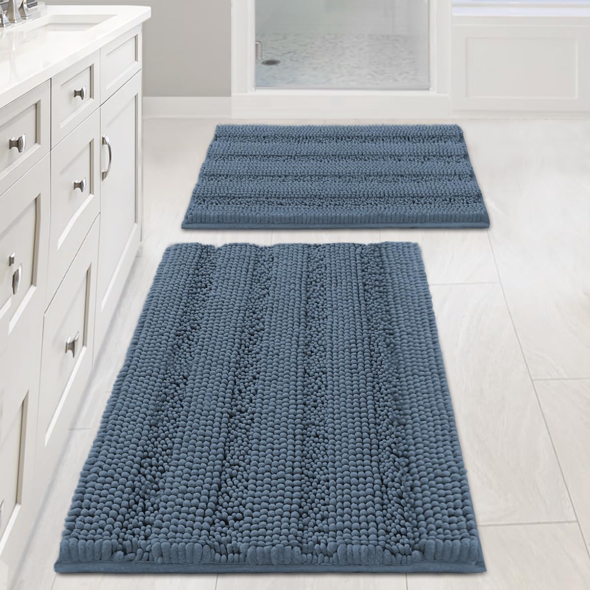 H.VERSAILTEX Bathroom Rugs Bath Rug Set 2 Piece Bathroom Contour Rug Toilet Mat Sets Non Slip Contour Bath Rug Ultra Thick Water Absorbent Striped Bath Mats Washable(47" x 17" Plus 20" x 20" U, Cream)
