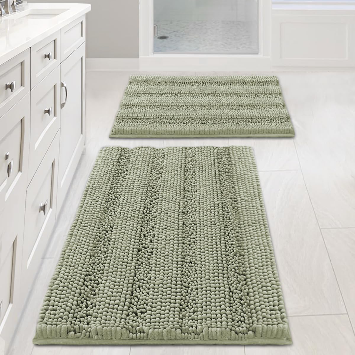 H.VERSAILTEX Bathroom Rugs Bath Rug Set 2 Piece Bathroom Contour Rug Toilet Mat Sets Non Slip Contour Bath Rug Ultra Thick Water Absorbent Striped Bath Mats Washable(47" x 17" Plus 20" x 20" U, Cream)