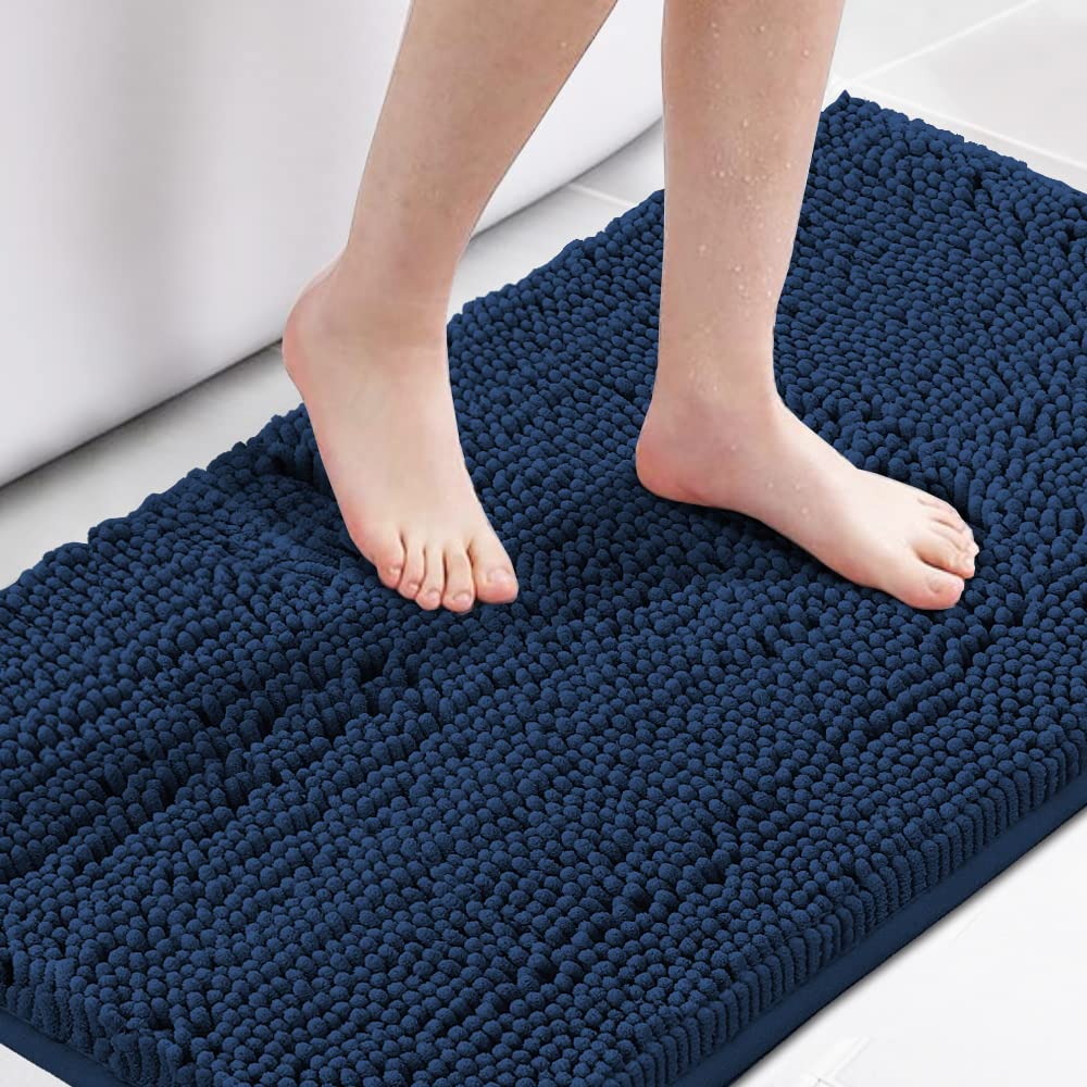 H.VERSAILTEX Navy Blue Bath Rug, Bath Mat Non Slip Bath Mats for Bathroom Floor, Bathroom Rug Extra Thick Chenille Rug 17" x 24" Absorbent Soft Shaggy Washable Dry Fast Plush Rugs for Bathtubs