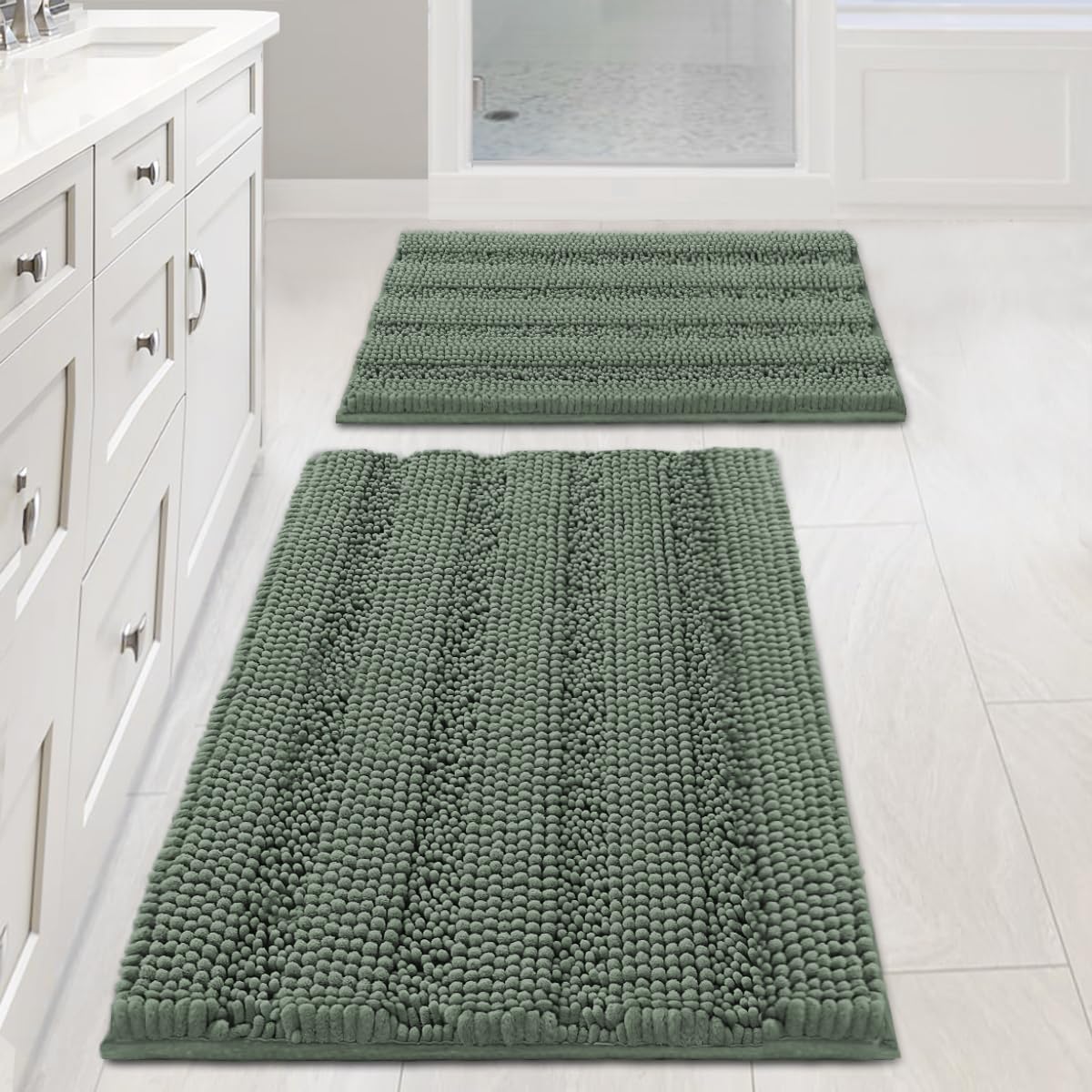 H.VERSAILTEX Bathroom Rugs Bath Rug Set 2 Piece Bathroom Contour Rug Toilet Mat Sets Non Slip Contour Bath Rug Ultra Thick Water Absorbent Striped Bath Mats Washable(47" x 17" Plus 20" x 20" U, Cream)
