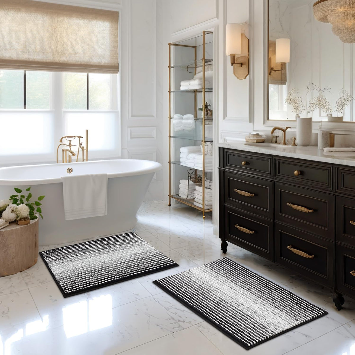 BSICPRO Bathroom Rugs Sets 2 Piece, Non Slip Striped Bath Mats, Sage
