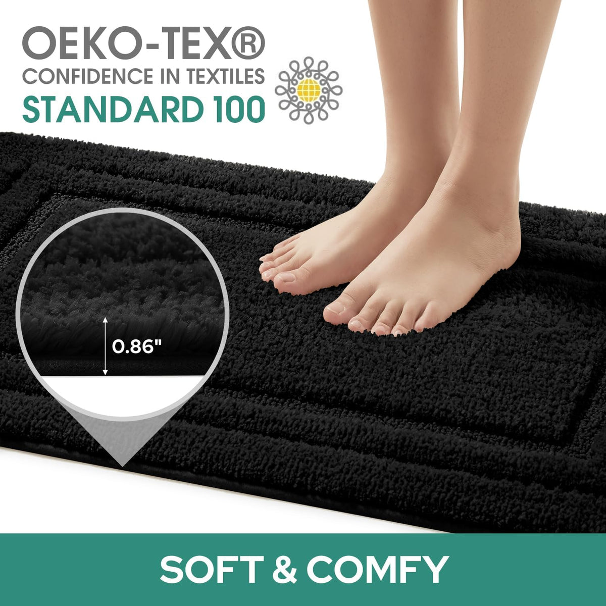 HOMEIDEAS Black Bathroom Rugs Set of 3, Non Slip Bath Mats