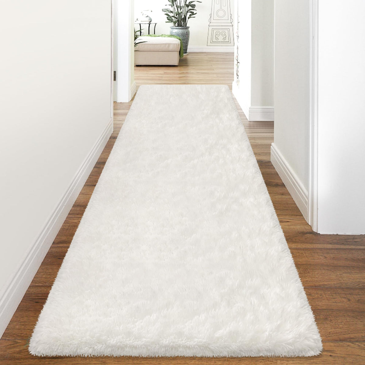 Soft Fluffy Beige Runner Rug for Bedroom, Bedside Long Rug Runner