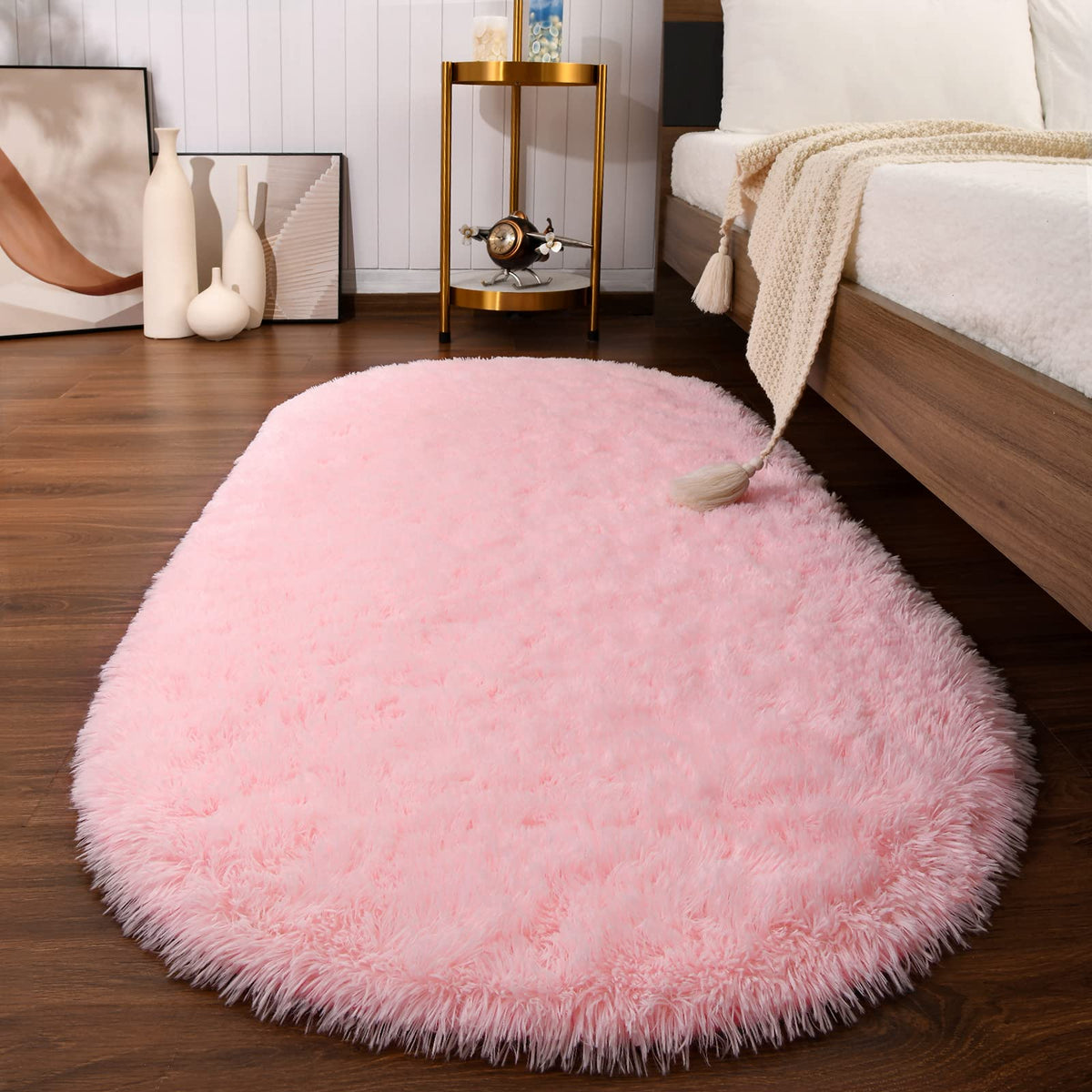 Softlife Fluffy Rugs for Bedroom, Shag Cute Area Rug for Girls/Boys and Kids Baby Room Home Decor, 2.6 x 5.3 Feet Oval Indoor Carpet for Nursery Dorm Living Room, Creamy