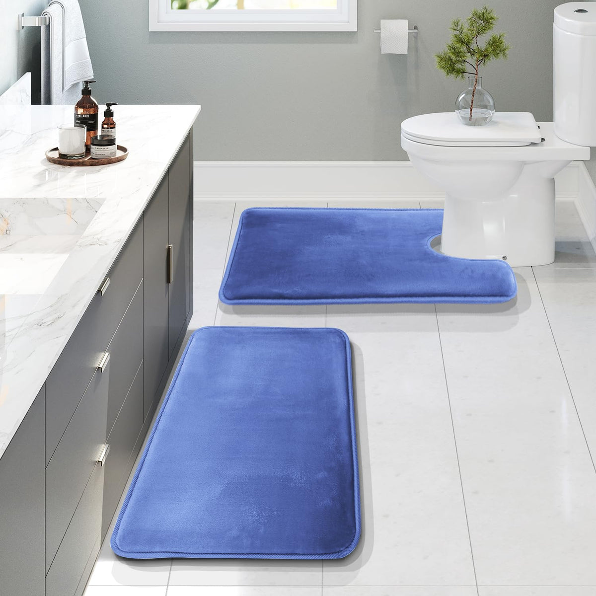 Clara Clark 3 Piece Bathroom Rugs Bath Mat Set, Velvet Memory Foam Bath Mats for Bathroom - Non-Slip, PVC Backing Bath Rugs, Washable - Dries Quickly, Grey