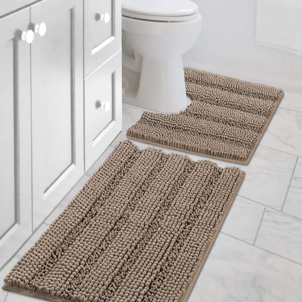 H.VERSAILTEX Bathroom Rugs Bath Rug Set 2 Piece Bathroom Contour Rug Toilet Mat Sets Non Slip Contour Bath Rug Ultra Thick Water Absorbent Striped Bath Mats Washable(47" x 17" Plus 20" x 20" U, Cream)