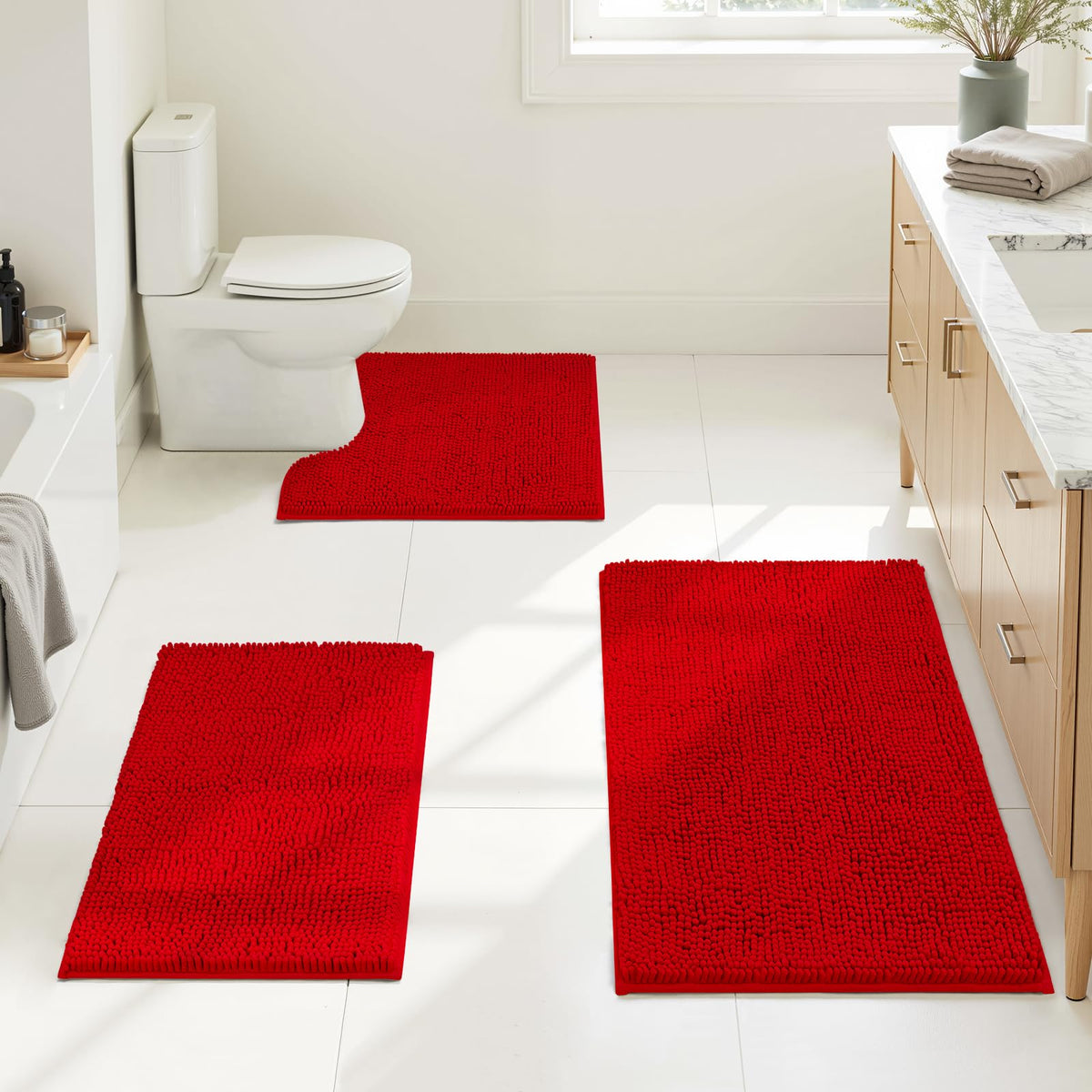 HOMEIDEAS Grey Chenille Bathroom Rugs Set of 3, Non Slip Bath Mat