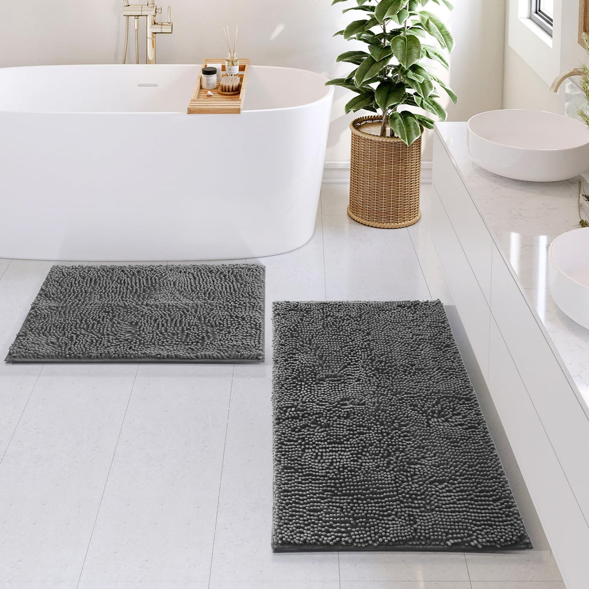 Hearth & Harbor Bathroom Rugs, Chenille Bath Mat - Machine Washable Bath Mats for Bathroom Non-Slip Backing Rubber, Quick Dry Bathroom Mat, 17 x 24 + 20 x 32 - Hunter Green