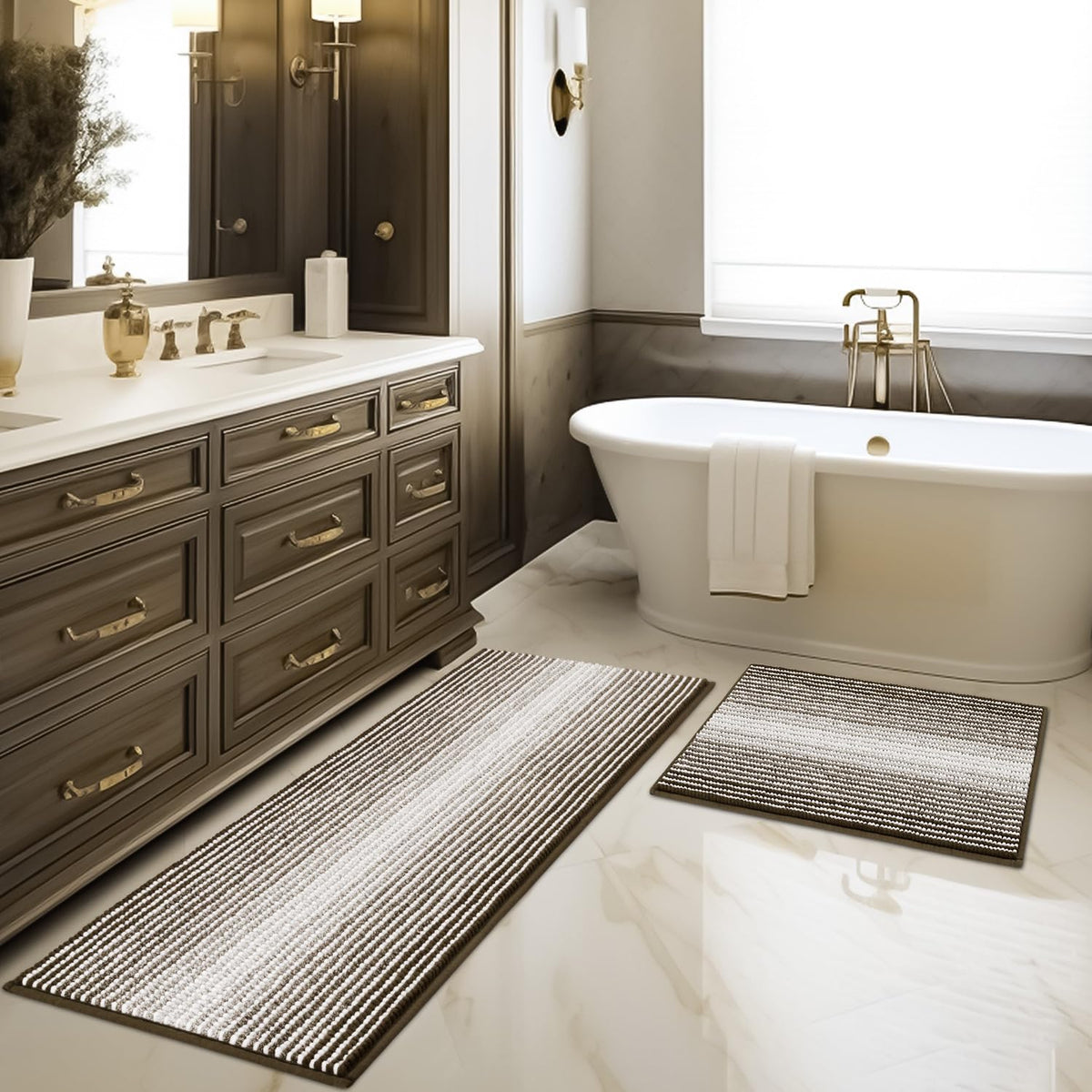 BSICPRO Bathroom Rugs Sets 2 Piece, Non Slip Striped Bath Mats, Sage