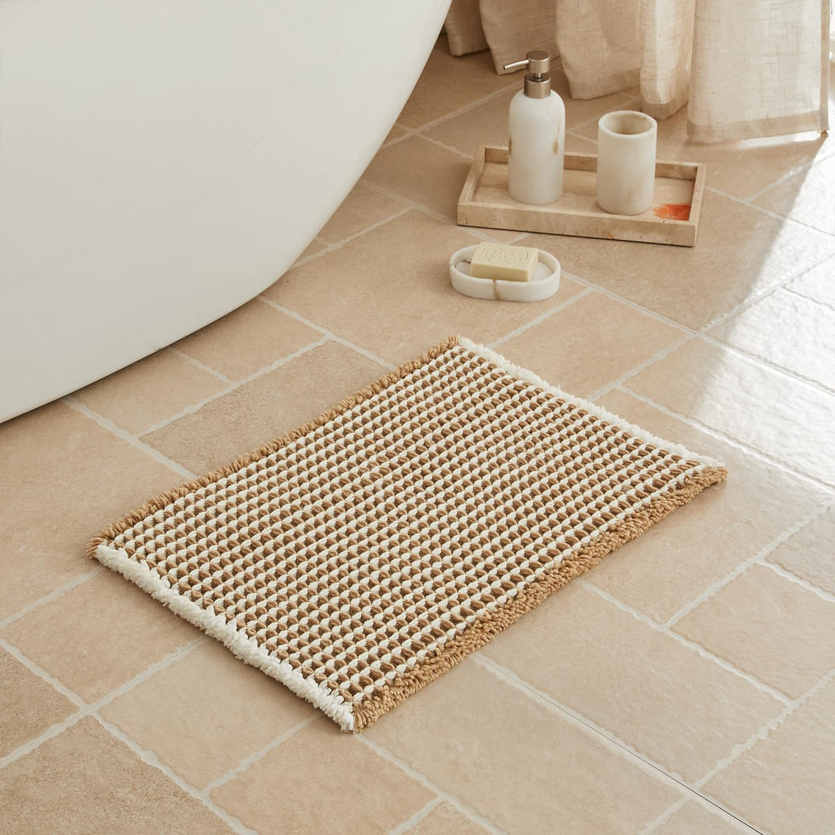 Triohero Waffle Bath Mat, Small Boho Bathroom Rugs Non Slip, 16x24 Khaki