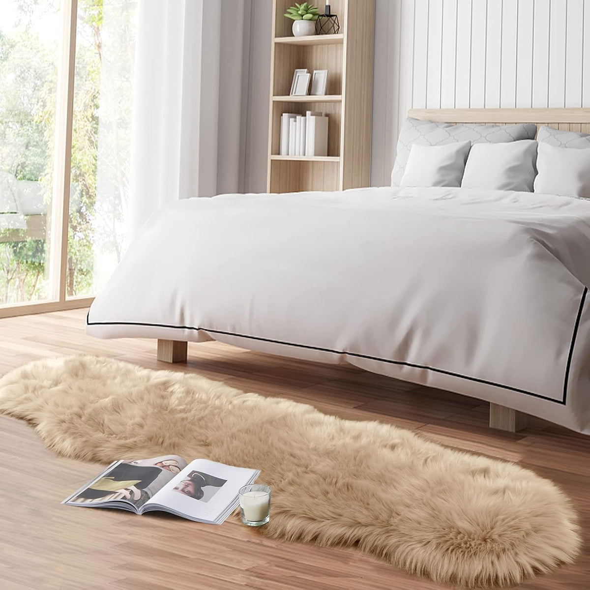 Tangsoo 2x6 Beige Faux Fur Rug,Soft Sheepskin Fluffy Runner Rug for Bedroom