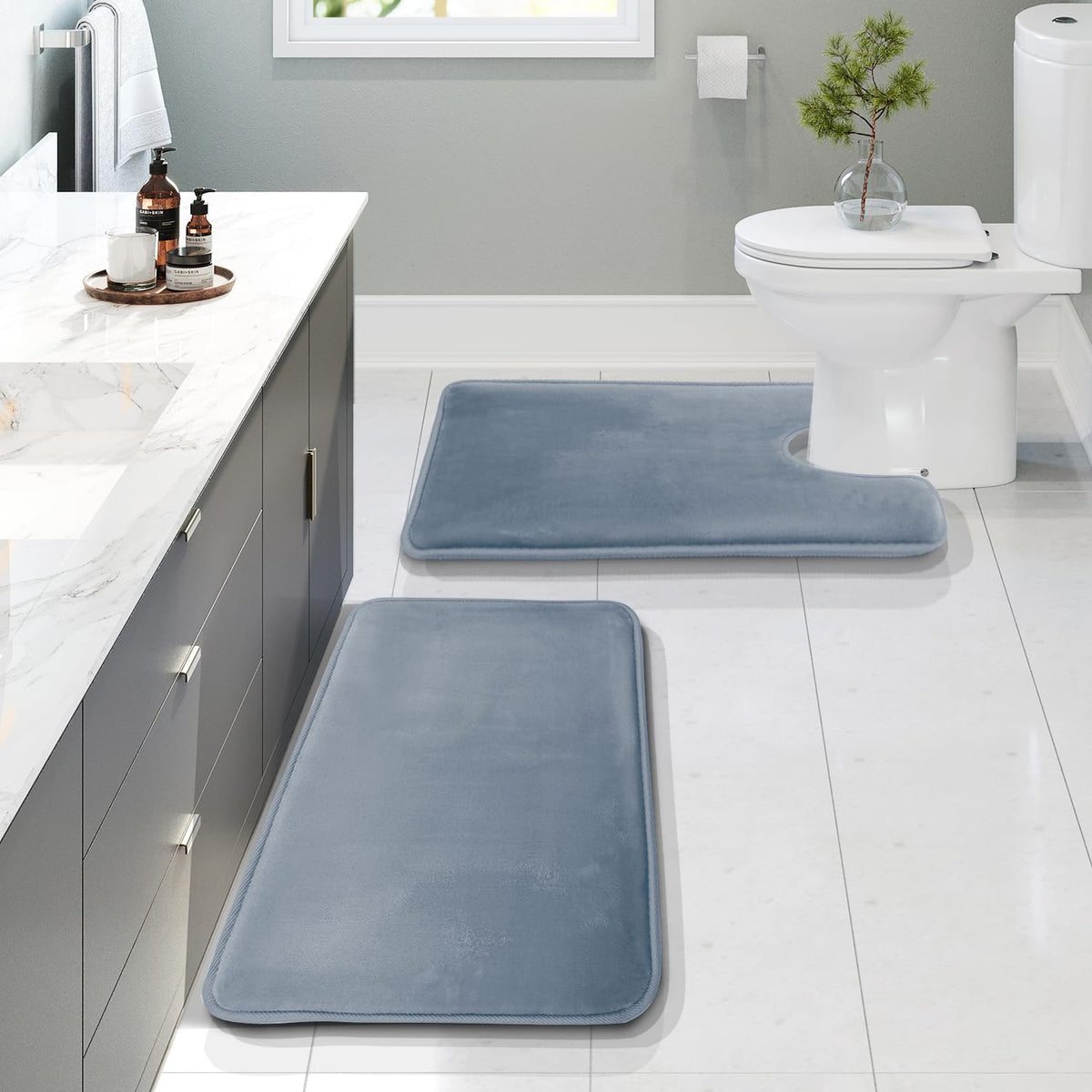 Clara Clark 3 Piece Bathroom Rugs Bath Mat Set, Velvet Memory Foam Bath Mats for Bathroom - Non-Slip, PVC Backing Bath Rugs, Washable - Dries Quickly, Grey