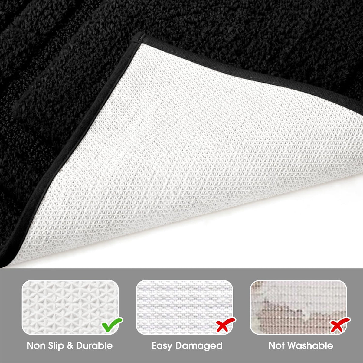 HOMEIDEAS Black Bathroom Rugs Set of 3, Non Slip Bath Mats