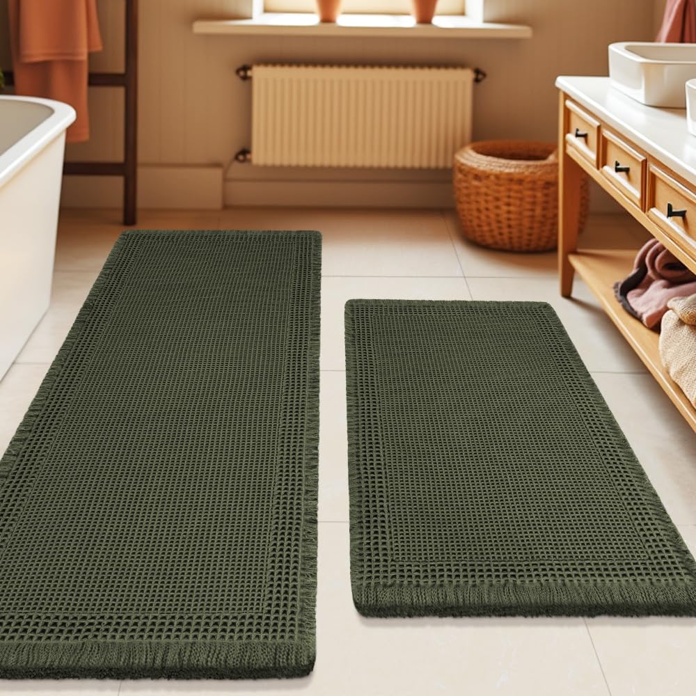 Upgrade Waffle Bath Mat Set 2 Piece, Boho Bathroom Rugs Absorbent Non Slip, Ultra Soft Bathroom Mat, Machine Washable Knit Bath Rugs with Herringbones for Bathroom, Bedroom, Kitchen, Shower, White