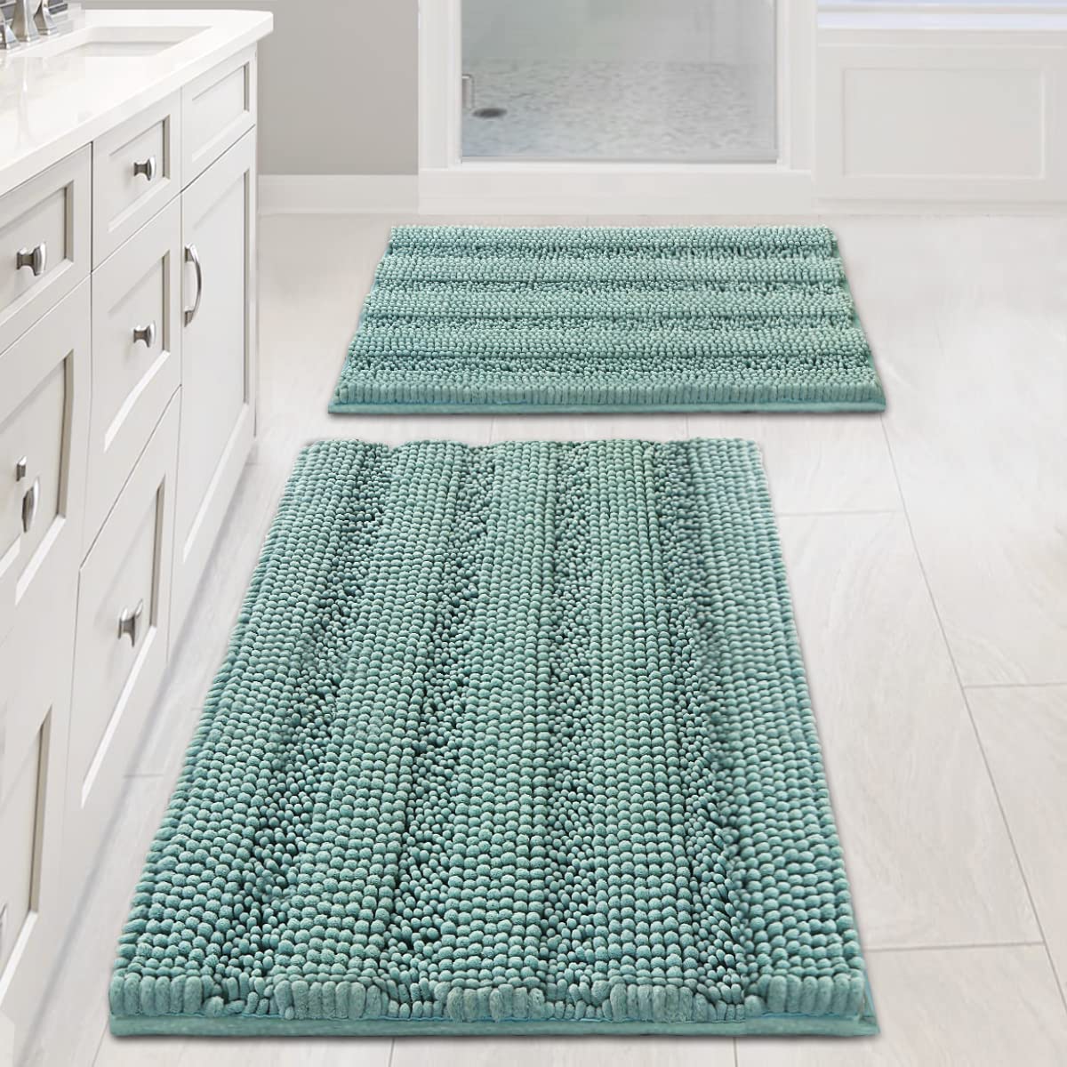 H.VERSAILTEX Bathroom Rugs Bath Rug Set 2 Piece Bathroom Contour Rug Toilet Mat Sets Non Slip Contour Bath Rug Ultra Thick Water Absorbent Striped Bath Mats Washable(47" x 17" Plus 20" x 20" U, Cream)
