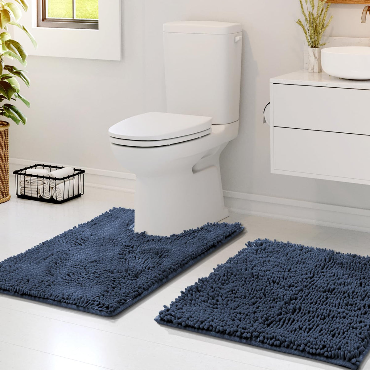 Hearth & Harbor Bathroom Rugs, Chenille Bath Mat - Machine Washable Bath Mats for Bathroom Non-Slip Backing Rubber, Quick Dry Bathroom Mat, 17 x 24 + 20 x 32 - Hunter Green