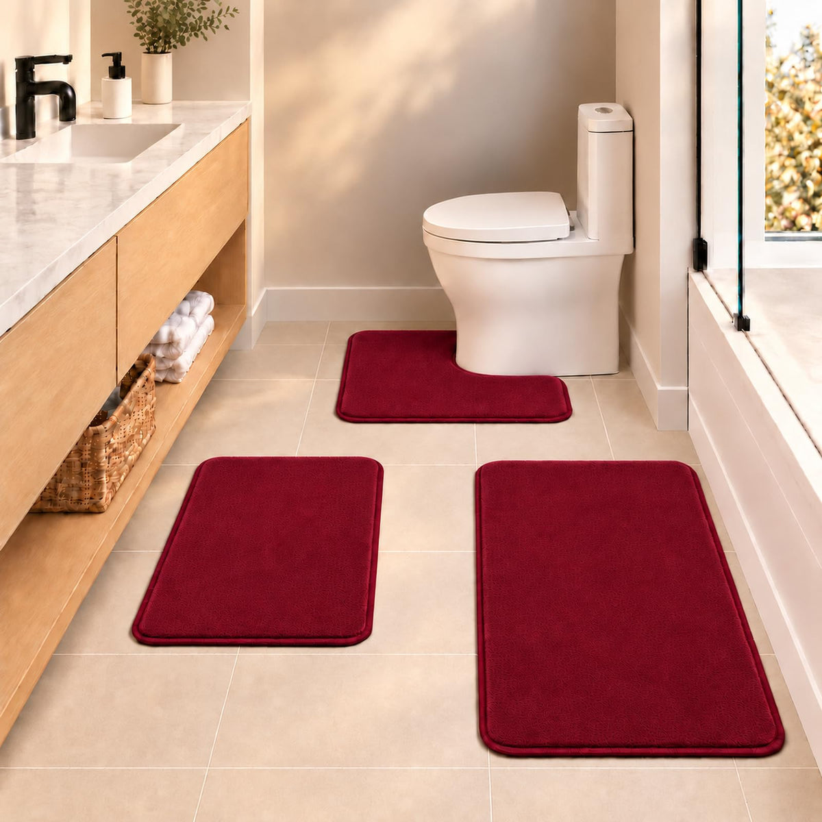 Black Bathroom Rug Set Memory Foam Bath Mats 3 Piece with Toilet Mats, Soft & Supportive, Shock Absorbing, Water Absorbent, Non-Slip Bath Rugs, Machine Washable, Area Rug, Home Decor Accessories