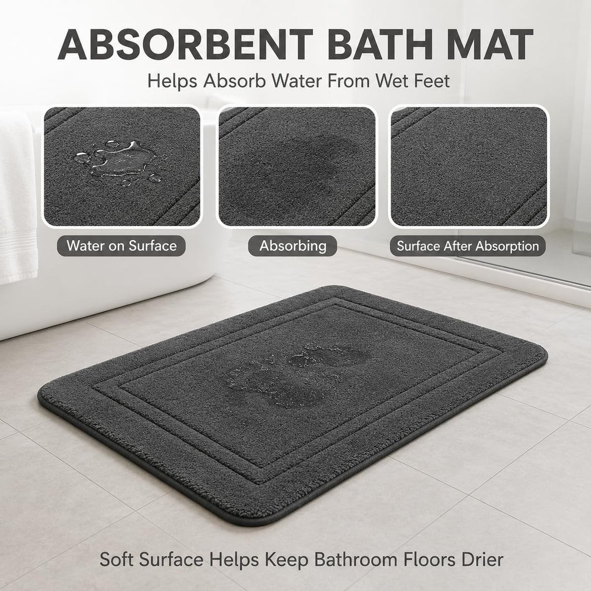 Bathroom Rugs Set 3 Piece, Bordered Memory Foam With Toilet Mats Dark Gray