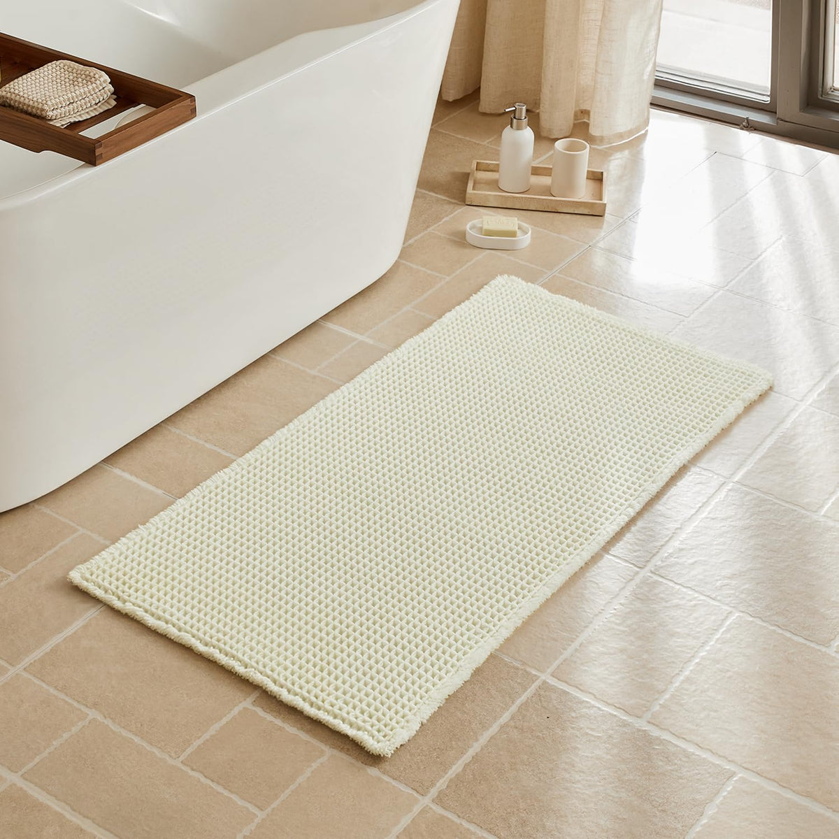 Triohero Waffle Bath Mat, Small Boho Bathroom Rugs Non Slip, 16x24 Khaki
