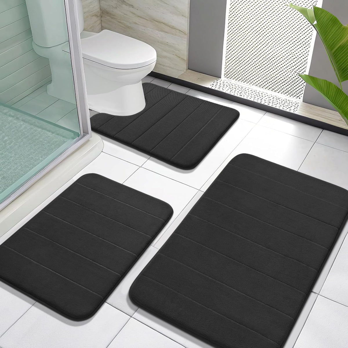Yimobra Memory Foam Bath Mat Set 3 Pieces- Super Soft Absorbent Quick Dry Bathroom Rug Sets, Machine Washable Non Slip Floor Carpet for Tub Shower, Vanity & Toilet Base, Gray