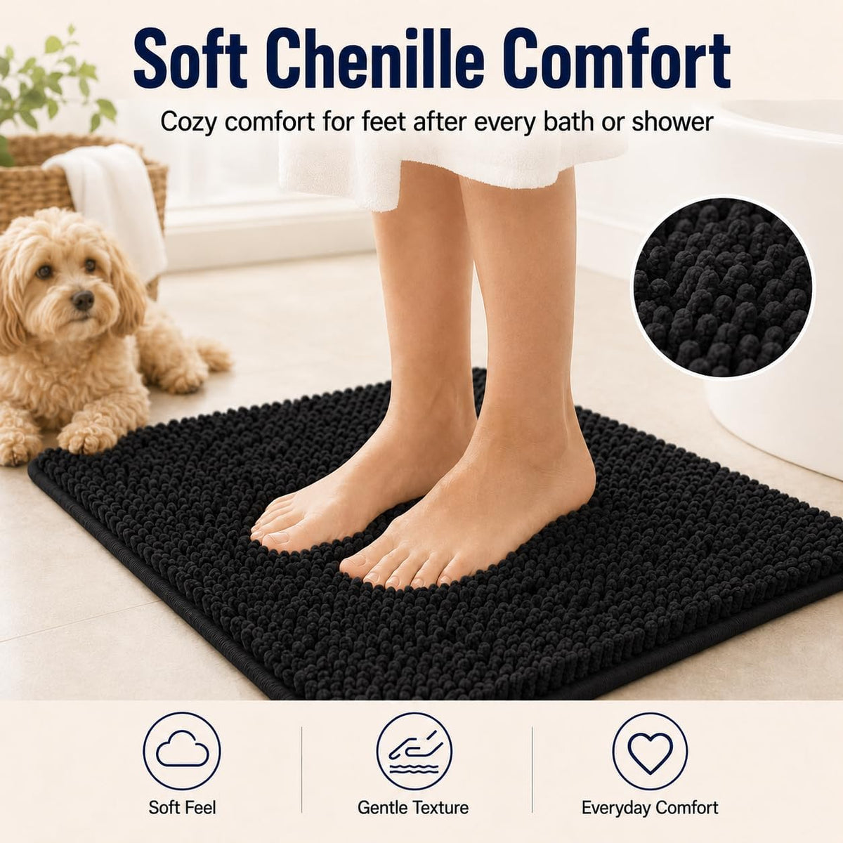 RUN HELIX Bathroom Rugs Set 2 Piece Thick Chenille Bath Mats, Soft Quick Dry Plush Absorbent Bath Rugs with Non-Slip PVC Backing, 32x20+24x16 Inch Black
